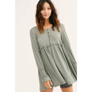 Free People Beach High Tides Mini Dress Baby Doll Boho Long Sleeve Sage Size XS